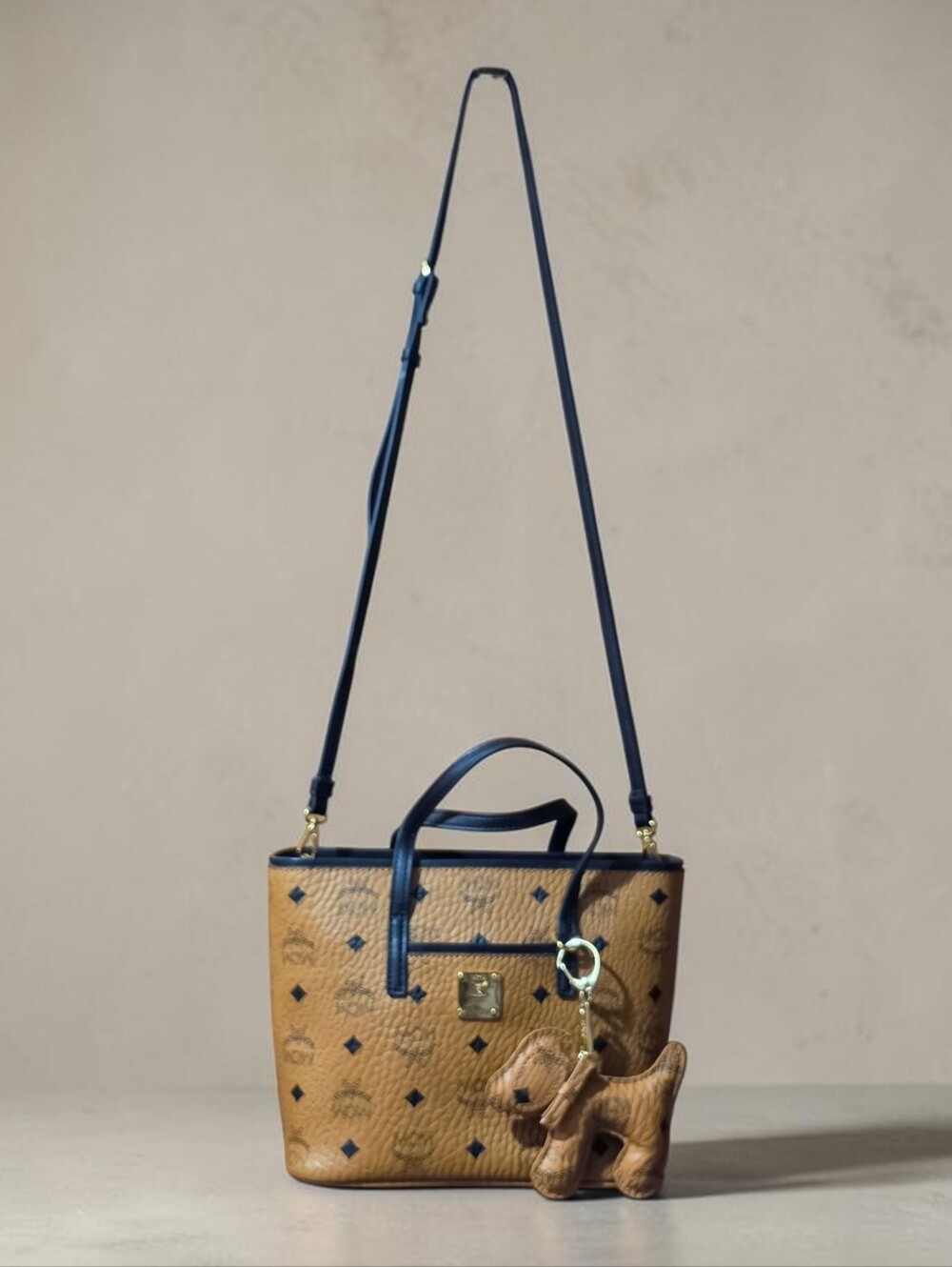 MCM Visetos Mini Tote Crossbody Bag with Strap & Dog Charm